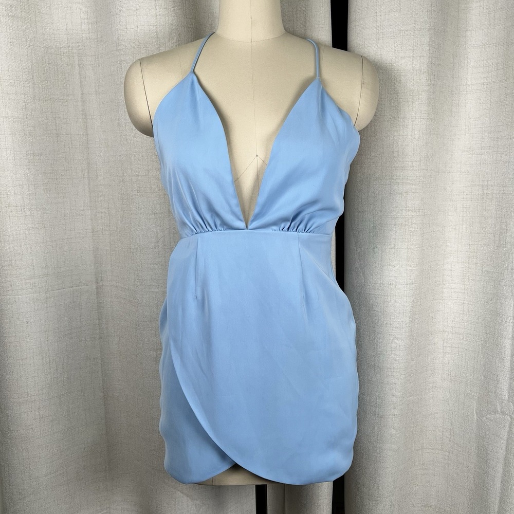NEW! Superdown Revolve Vivian Deep V Mini Dress Light Blue Size Small Tulip Hem